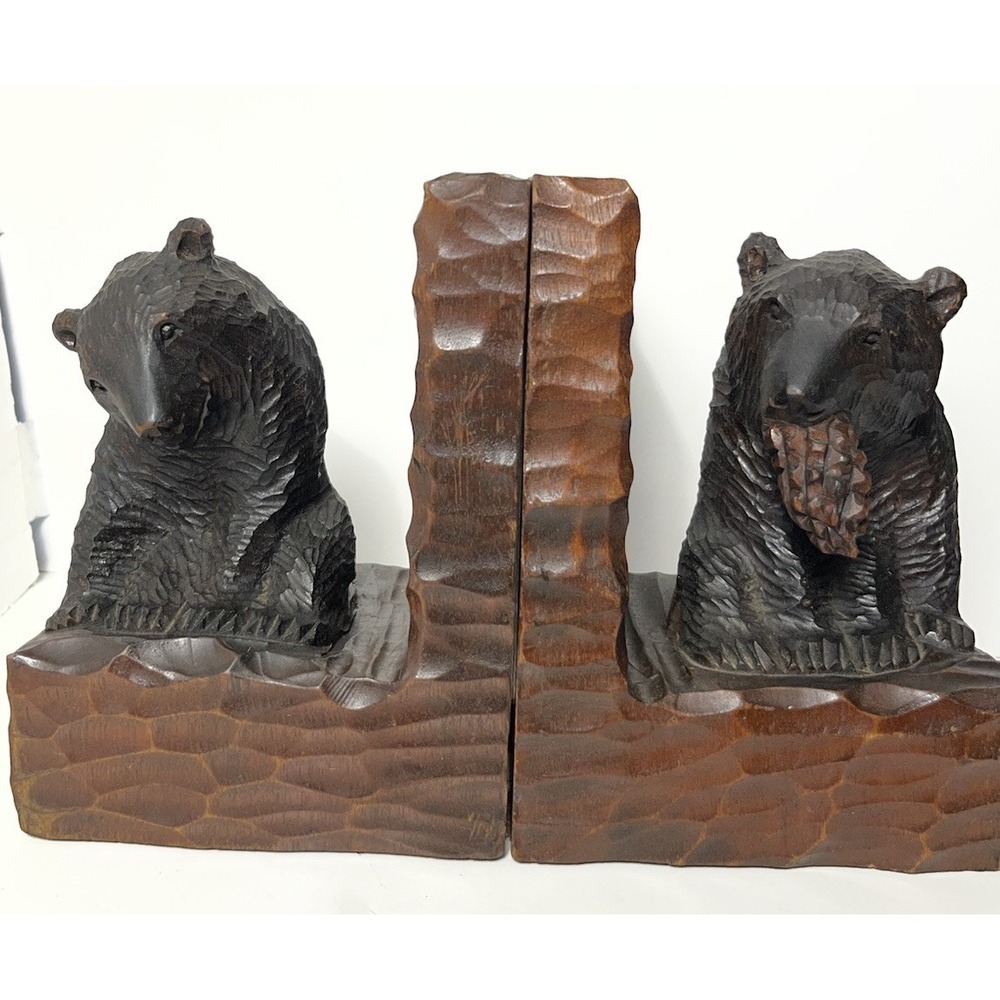 Rare‎ OOAK Hand Carved Lindenwood Bear Bookends Antique Swiss Black Forest Style